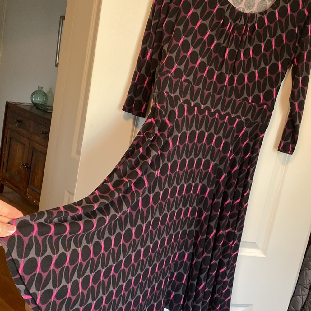 Boden scoop neck 3/4 sleeve dress size 12 plum pink gray black pattern